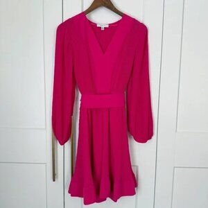 MILLY Women’s 4 Liv Pleated Belted Mini Dress Hot Pink Long Sleeve